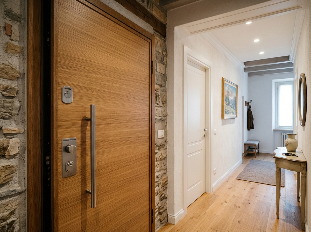 Porta blindata d'ingresso in legno rovere e porta interna moderna in appartamento